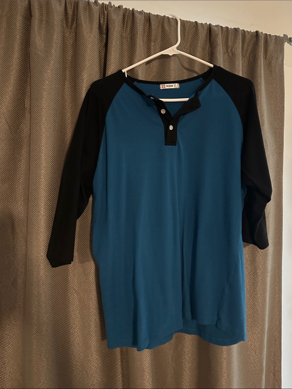 H2H Men's Teal and Black Henley Raglan Long Sleeve Shirt